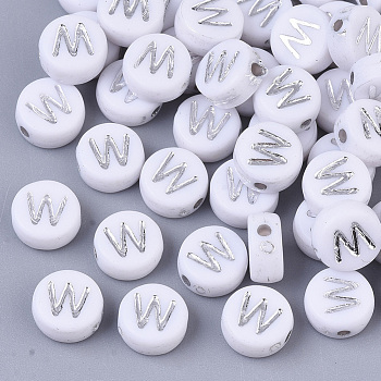 Plating Acrylic Beads, Silver Metal Enlaced, Horizontal Hole, Flat Round with Letter, White, Letter.W, 7x4mm, Hole: 1.2mm, about 309pcs/43g.