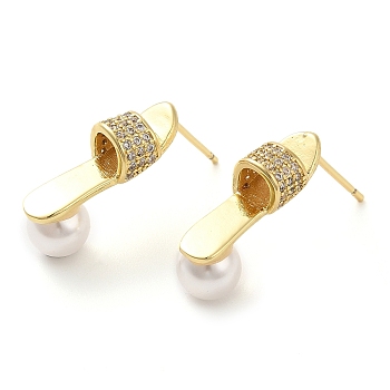 Rack Plating Brass Micro Pave Cubic Zirconia Stud Earring, with Plastic Imitation Pearl, Long-Lasting Plated, Cadmium Free & Lead Free, Shoes, Real 18K Gold Plated, 21.5x7mm