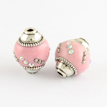 Handmade Indonesia Beads, with Rhinestones and Alloy Cores, Oval, Antique Silver, Pink, 15~17x14mm, Hole: 2mm