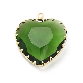 K9 Glass Pendants, Heart Charms, with Light Gold Tone Brass Findings, Faceted, Emerald, 31x28x9mm, Hole: 2mm