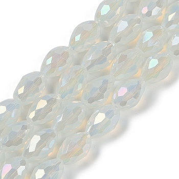 Opaque Solid Color Electroplate Glass Beads Strands, AB Color Plated, Faceted, Teardrop, Floral White, 15x10mm, Hole: 1.6mm, about 46~48pcs/strand, 27.95 inch(71cm)