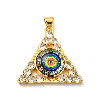 Real 18K Gold Plated Brass Pendants, with Glass and Acrylic, Triangle With Evil Eye Charms, Colorful, 27x28x7mm, Hole: 4x3.5mm
