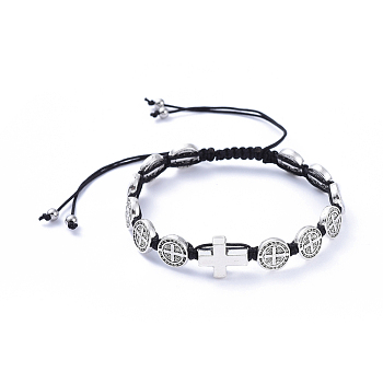 Adjustable Nylon Thread Braided Bead Bracelets, with Tibetan Style Alloy Beads and 304 Stainless Steel Beads, Saint Benedict Medal & Cross, Platinum, Inner Diameter: 2 inch~3-3/4 inch(5.1~9.6cm)