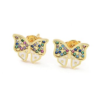 Bowknot Real 18K Gold Plated Brass Stud Earrings, with Enamel and Cubic Zirconia, White, 10x12.5mm