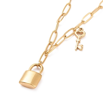 304 Stainless Steel Padlock and Skeleton Key Pendant Necklace for Women, Golden, 17.91 inch(45.5cm)