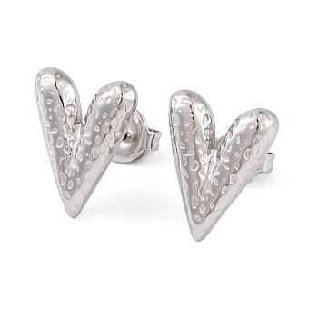 Non-Tarnish 304 Stainless Steel Stud Earrings for Women, Texture Heart, Stainless Steel Color, 15x11.5mm