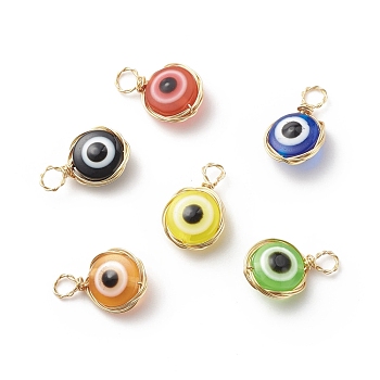 Evil Eye Resin Pendants, with Real 18K Gold Plated Friendly Copper Wire Wrapped, Flat Round Charm, Mixed Color, 18~19x11.5~12x6~6.5mm, Hole: 3~4mm