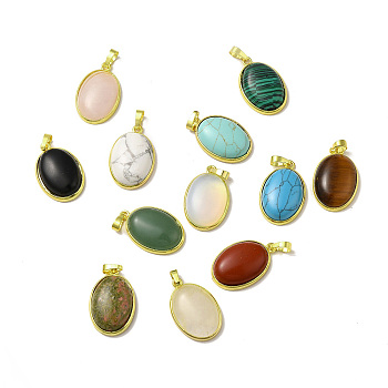 Natural & Synthetic Mixed Gemstone Pendants, Oval Charms, with Rack Plating Golden Plated Brass Findings, Lead Free & Cadmium Free, Mixed Dyed and Undyed, 31x20x7.5~8mm, Hole: 7x5mm