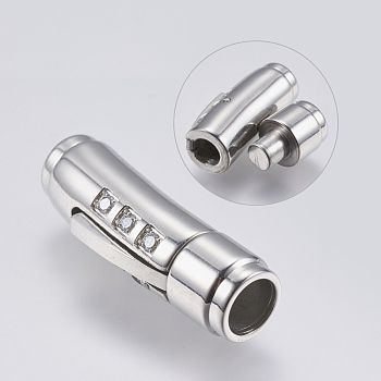 304 Stainless Steel Bayonet Clasps, with Rhinestone, Tube, Stainless Steel Color, 30.5x9x10mm, Hole: 6mm