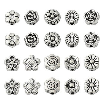 100Pcs 10 Styles Tibetan Style Alloy Beads, Flower, Antique Silver, 5.5~9x3.5~8x2.5~4mm, Hole: 1mm, about 10pcs/style