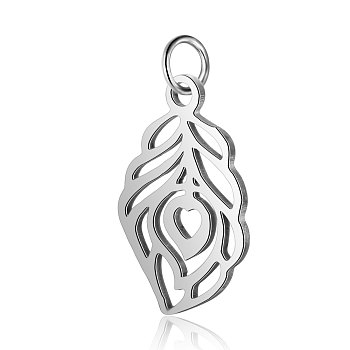 304 Stainless Steel Pendants, Feather, Stainless Steel Color, 17.5x10.5x1mm, Hole: 2.5mm