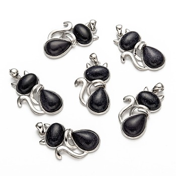 Synthetic Blue Goldstone Kitten Pendants, with Brass Findings, Cat Silhouette Shape, Platinum, 45x27x8mm, Hole: 5x7mm