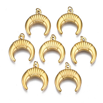 316 Surgical Stainless Steel Pendants, with Jump Rings, Double Horn/Crescent Moon, Real 14K Gold Plated, 17x16x3mm, Jump Ring: 4mm in diameter, 0.5mm thick, 2.5mm inner diameter