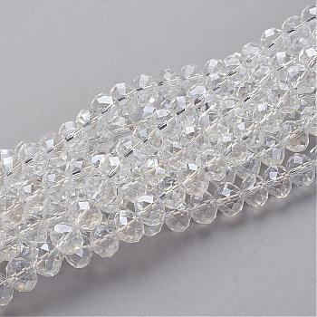 Glass Beads Strands, Pearl Luster Plated, Crystal Suncatcher, Faceted Rondelle, Clear, 10x7mm, Hole: 1mm, about 63~65pcs/strand, 49~50cm
