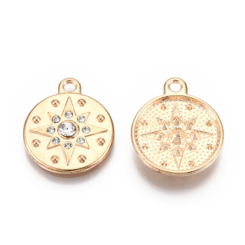 Rack Plating Alloy Pendants, with Rhinestone, Flat Round with Star, Light Gold, Cadmium Free & Nickel Free & Lead Free, Crystal, 25.5x21x4mm, Hole: 2.2mm