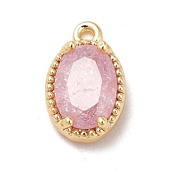 Glass Charms, with Real 18K Gold Plated Brass Findings, Faceted Oval, Pink, 10x6x3mm, Hole: 0.9mm