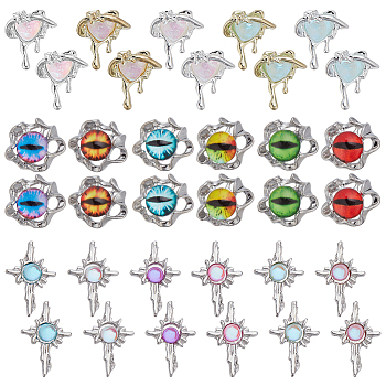 34Pcs 17 Styles Evil Eye & Cross & Heart Zinc Alloy Glass Cabochons, Nail Art Decoration Accessories for Women, Mixed Color, 14~16x12~16x2.5~7mm, 2pcs/style