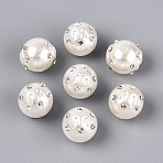 ABS Plastic Imitation Pearl Round Beads, with Rhinestone, Creamy White, 15.5~17mm, Hole: 2mm(SACR-T017-76B)