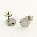 Non-Tarnish 304 Stainless Steel Stud Earring Findings, with Flat Plate and Ear Nuts, Flat Round, Stainless Steel Color, 10mm, Hole: 1.4mm, Pin: 0.8mm(STAS-R063-35-10mm)