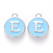 Platinum Plated Alloy Enamel Charms, Cadmium Free & Lead Free, Enamelled Sequins, Flat Round with Letter, Sky Blue, Letter.E, 14x12x2mm, Hole: 1.5mm(ENAM-S118-04E-P)