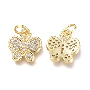 Brass Micro Pave Clear Cubic Zirconia Charms, with Jump Rings, Long-Lasting Plated, Butterfly, Real 18K Gold Plated, 12x12.5x2.5mm, Jump Ring: 5x1mm, Hole: 3.5mm(ZIRC-Q024-07G)