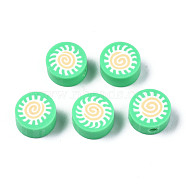 Handmade Polymer Clay Beads, for DIY Jewelry Crafts Supplies, Flat Round with Sun, Medium Spring Green, 9.5x4.5~5mm, Hole: 1.6mm(CLAY-N008-037E)