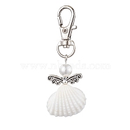 Angel Spiral Shell Pendant Decooration, Glass Pearl Round Bead & Alloy Swivel Lobster Claw Clasps Charms for Bag Ornaments, Wing, 66mm(HJEW-JM01964-04)