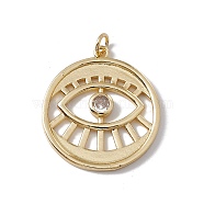 Brass with Clear Cubic Zirconia Pendants, with Jump Ring, Cadmium Free & Nickel Free & Lead Free, Rack Plating, Flat Round with Eye Pattern, Real 18K Gold Plated, 27.5x25x3mm, Hole: 3mm(KK-G439-26G)