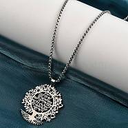 304 Stainless Steel Hollow Tree of Life Pendant Box Chain Necklaces, Stainless Steel Color, 23.46 inch(59.6cm)(NJEW-M086-04P)