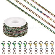 DIY Chain Jewelry Set Making Kit, Including Rainbow Color Ion Plating(IP) 304 Stainless Steel 5M Faceted Curb Chains & 10Pcs Clasps & 20Pcs Jump Rings, 1Pc Plastic Spool, Rainbow Color, Faceted Curb Chains: 4x3x1mm(STAS-SZ0002-32)