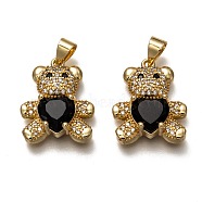 Brass Micro Pave Cubic Zirconia Pendants, Long-Lasting Plated, Real 18K Gold Plated, Inlay Bear Shape, Black, 19.5x16x5.5mm, Hole: 3.5X4mm(ZIRC-B002-01G-D)