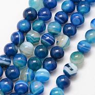 Natural Striped Agate/Banded Agate Bead Strands, Round, Grade A, Dyed & Heated, Deep Sky Blue, 6mm, Hole: 1mm, about 61pcs/strand, 15 inch(G-K166-13-6mm-06)