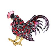 Rhinestone Rooster Brooch Pin, Chinese Zodiac Alloy Badge for Backpack Clothes, FireBrick, 65x50mm(ZODI-PW0001-123A)