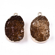 Druzy Resin Pendants, with Edge Light Gold Plated Iron Loops, Oval, Coconut Brown, 30x19x13~14mm, Hole: 1.8mm(RESI-S383-049)