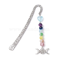 Flower Pattern Alloy Hook Bookmarks, Round & Heart Glass Beaded Bookmark with Charm, Moon, 124mm, Pendant: 90~29.5x8.5mm(AJEW-JK00250-05)
