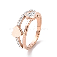 Crystal Rhinestone Heart Finger Ring, Ion Plating(IP) 304 Stainless Steel Jewelry for Women, Rose Gold, US Size 6~9(16.5~18.9mm)(RJEW-D120-03RG)