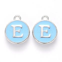 Platinum Plated Alloy Enamel Charms, Cadmium Free & Lead Free, Enamelled Sequins, Flat Round with Letter, Sky Blue, Letter.E, 14x12x2mm, Hole: 1.5mm(ENAM-S118-04E-P)