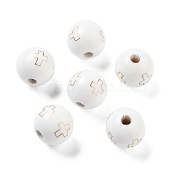 Wood European Beads, Large Hole Beads, Round with Cross, White, 15.5~16x14.5mm, Hole: 4mm(WOOD-M011-08)