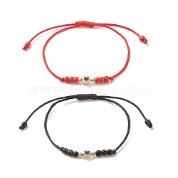 2Pcs Flat Round with Heart Acrylic Braided Bead Bracelets Set with Glass Seed, Luminous Beaded Stackable Adjustable Bracelets for Women, Red & Black, Inner Diameter: 2~3-3/8 inch(5~8.7cm)(BJEW-JB08034-02)
