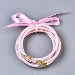 PVC Plastic Buddhist Bangle Sets, Jelly Bangles, with Paillette/Sequins and Polyester Ribbon, Pink, 2-1/2 inch(6.5cm), 5pcs/set(BJEW-T008-18I)