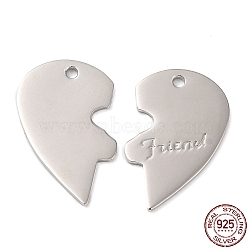 Rhodium Plated 925 Sterling Silver Pendants, Half Heart with Word Friend Charm, for BFF Jewelry Making, Real Platinum Plated, 21x13x1mm, Hole: 1.5mm(STER-I010-34P)