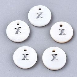 Natural Freshwater Shell Pendants, with Platinum Plated Iron Etched Metal Embellishments, Flat Round with Initial Letter, White, Letter.X, 11x2mm, Hole: 1.5mm(SHEL-Q018-01A-X-P)