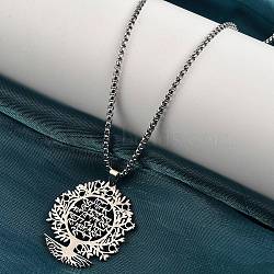 304 Stainless Steel Hollow Tree of Life Pendant Box Chain Necklaces, Stainless Steel Color, 23.46 inch(59.6cm)(NJEW-M086-04P)