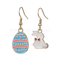 Easter Themed Alloy Enamel Dangle Earrings, Rabbit & Egg Asymmetrical Earrings, Light Sky Blue, 33~38x14~15mm(EJEW-JE05497-01)