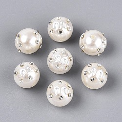 ABS Plastic Imitation Pearl Round Beads, with Rhinestone, Creamy White, 15.5~17mm, Hole: 2mm(SACR-T017-76B)