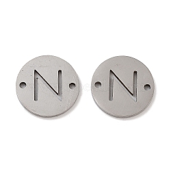 Non-Tarnish 201 Stainless Steel Hollow Flat Round Links, Letter Connector Charms, Stainless Steel Color, Letter N, 12x1mm, Hole: 1.2mm(FIND-R149-03N-P)