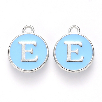 Platinum Plated Alloy Enamel Charms, Cadmium Free & Lead Free, Enamelled Sequins, Flat Round with Letter, Sky Blue, Letter.E, 14x12x2mm, Hole: 1.5mm