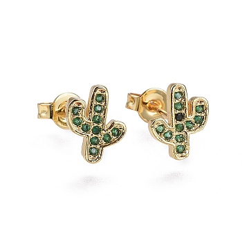 Brass Micro Pave Cubic Zirconia Stud Earrings, Cactus, Golden, Green, 9x7.5x1.7mm, Pin: 0.7mm