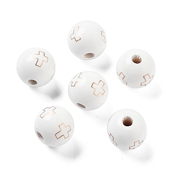 Wood European Beads, Large Hole Beads, Round with Cross, White, 15.5~16x14.5mm, Hole: 4mm