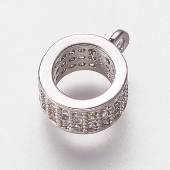 Brass Cubic Zirconia Tube Bails, Loop Bails, Bail Beads, Ring, Clear, Platinum, 9.5x7.5x4mm, Hole: 1mm